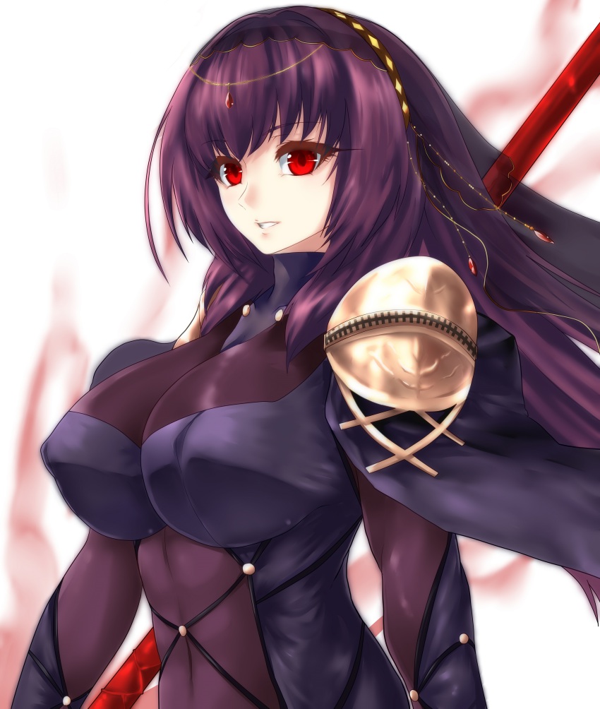 1girl, absurdres, armor, bodysuit, breasts, colored_eyelashes, covered_navel, fate/grand_order, fate_(series), female_focus, glowing, hair_ornament, highres, large_breasts, long_hair, looking_at_viewer, minarai_tenna, nrrr, pauldrons, polearm, purple_bodysuit, purple_hair, red_eyes, scathach_(fate), shoulder_armor, solo, spear, very_long_hair, weapon