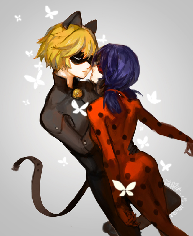 1boy, 1girl, adrien_agreste, animal_ears, bell, black_bodysuit, blonde_hair, blue_hair