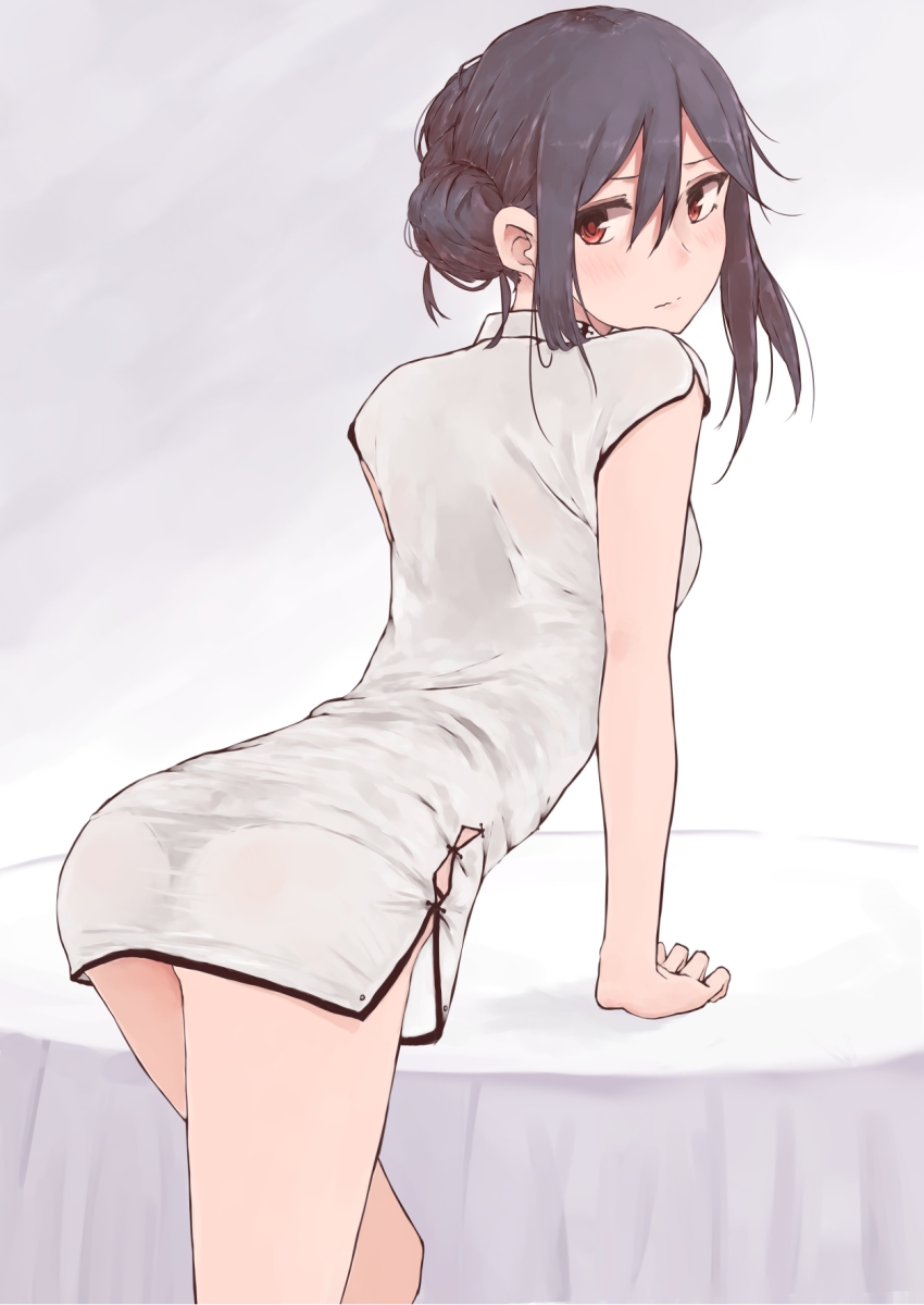 1girl, arched_back, arm_support, ass, black_hair, black_panties, brown_eyes, china_dress, chinese_clothes, cowboy_shot, dress, female_focus, hair_bun, highres, leaning, leaning_forward, looking_back, original, panties, revision, rucchiifu, short_dress, side_slit, simple_background, single_hair_bun, solo, table, tablecloth, thighs, thong, underwear