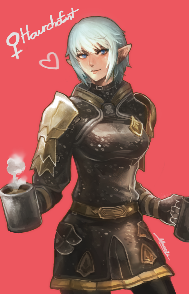 10s, 1girl, armor, artist_name, blue_eyes, character_name, cowboy_shot, cup, elezen, elf, female_focus, final_fantasy, final_fantasy_xiv, genderswap, genderswap_(mtf), haurchefant_de_fortemps, haurchefant_greystone, heart, moogie_(shinjyu), mug, pointy_ears, signature, smile, solo, steam, white_hair