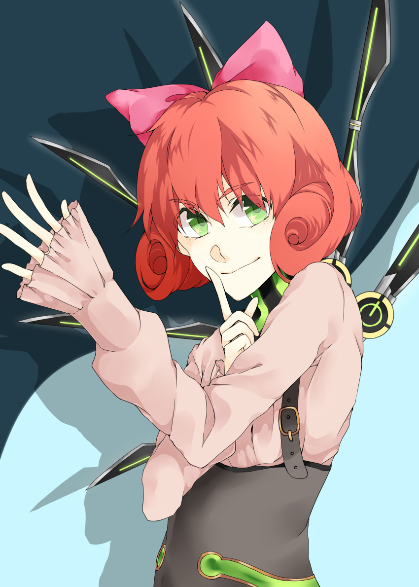 1girl, absurdres, bow, female_focus, freckles, green_eyes, hair_bow, highres, pai_(1026508292), penny_polendina, red_hair, rwby, short_hair, solo, star-shaped_pupils, star_(symbol), symbol-shaped_pupils