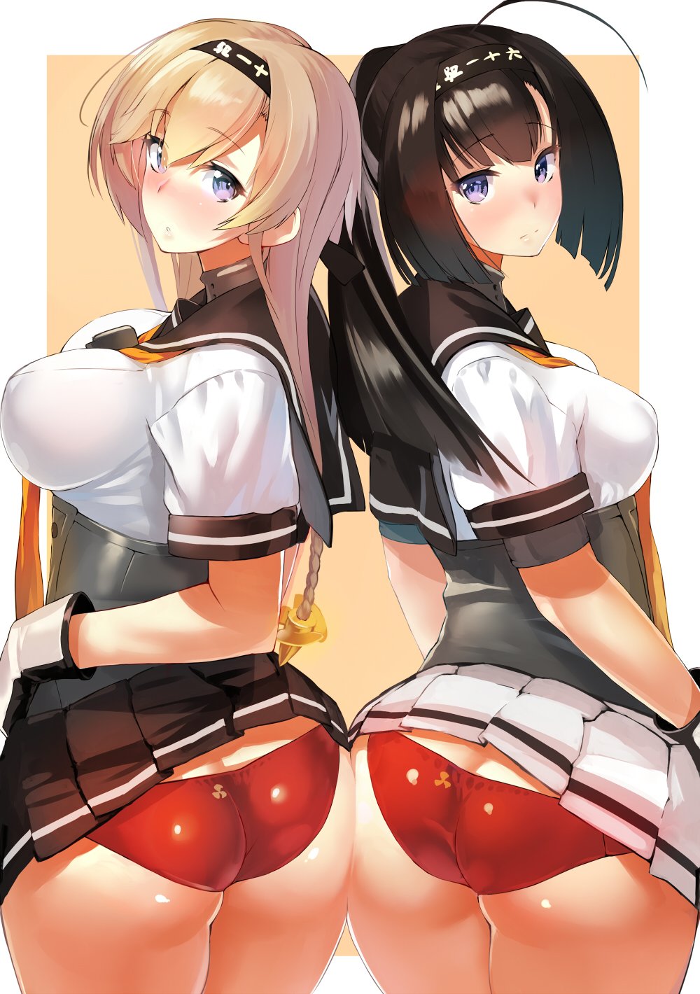 10s, 2girls, ahoge, akizuki_(kancolle), ass, ass-to-ass, back-to-back, between_breasts, blush, braid, breasts, brown_hair, butt_crack, clothes_lift, gloves, hair_ornament, hairband, highres, huge_ass, kantai_collection, multiple_girls, panties, pleated_skirt, ponytail, purple_eyes, red_panties, school_uniform, serafuku, skirt, skirt_lift, standing, takamura_wamu, teruzuki_(kancolle), underwear, wide_hips