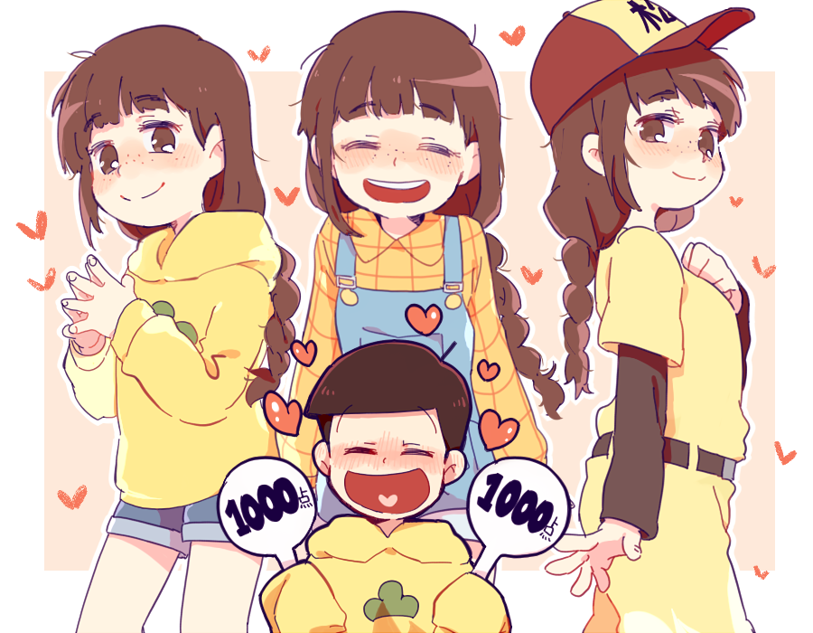 10s, 1boy, 3girls, ^_^, arms_at_sides, bac0n_pancakes, bad_id, bad_pixiv_id