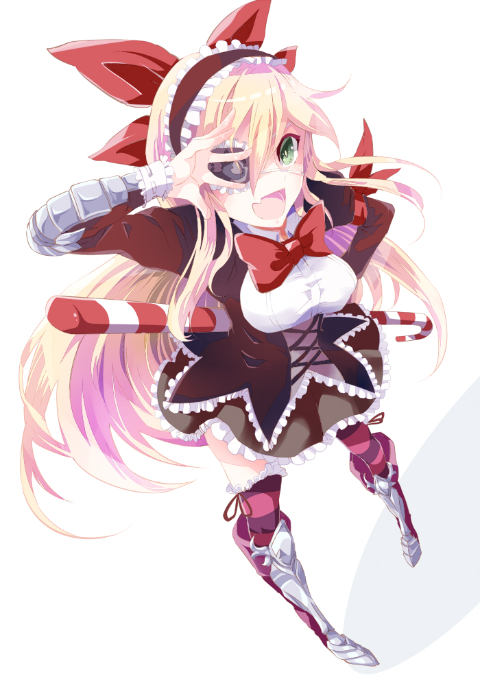 1girl, blonde_hair, boots, candy, candy_cane, eyepatch, female_focus, flower_knight_girl