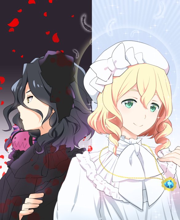 10s, 2boys, andou_mario, androgynous, asselin_bb_ii, black_hair, blonde_hair, blush, doll, drill_hair, from_behind, green_eyes, hat, idolmaster, idolmaster_side-m, jewelry, kikuchi_mataha, male_focus, multiple_boys, necklace, red_eyes, satan_(idolmaster), side_kkc, smile, trap