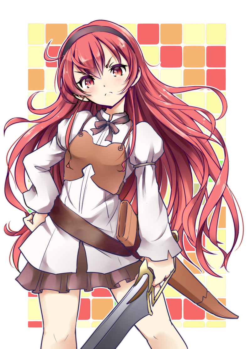 1girl, armor, black_hairband, blush, breasts, closed_mouth, eris_greyrat, female_focus, frown, hairband, hand_on_own_hip, holding, holding_sword, holding_weapon, juliet_sleeves, kamekichi_(kamekiti), legs_apart, long_hair, long_sleeves, looking_at_viewer, matching_hair/eyes, mushoku_tensei, puffy_sleeves, red_eyes, red_hair, sheath, shirt, skirt, small_breasts, solo, standing, sword, tsundere, unsheathed, very_long_hair, weapon, white_shirt