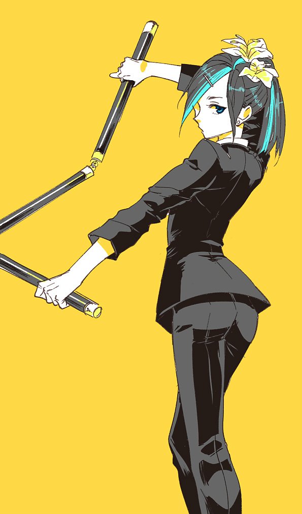 1girl, aqua_eyes, aqua_hair, ass, female_focus, flower, formal_clothes, from_behind, hair_flower, hair_ornament, hair_over_one_eye, hairclip, kokujin_youhei, looking_at_viewer, looking_back, multicolored_hair, one-punch_man, pant_suit, pants, sansetsukon_no_lily, simple_background, solo, suit, three_section_staff, two-tone_hair, weapon, yellow_background