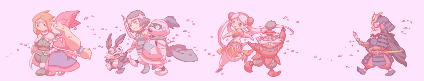 armor, beard, blonde_hair, brown_hair, cape, dress, facial_hair, gabo_(popolocrois), gamigami_maou, helmet, highres, jilva_(popolocrois), kimendouji, leona_(popolocrois), long_hair, long_image, mustache, narcia, petals, pietro_pakapuka, popolocrois, shouyu_senbei, white_knight_(popolocrois), wide_image