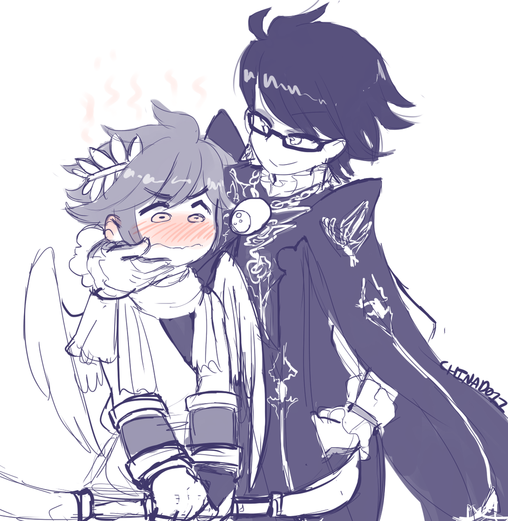 1boy, 1girl, bayonetta, bayonetta_(series), bayonetta_2, chinad011, glasses, kid_icarus, nintendo, pit_(kid_icarus), sketch, super_smash_bros.