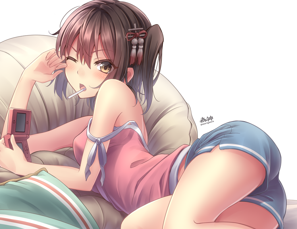 10s, 1girl, alternate_costume, ass, bare_shoulders, blush, breasts, brown_eyes, brown_hair, camisole, candy, casual, cigarette, eyebrows, female_focus, food, game_console, hair_between_eyes, hair_ornament, handheld_game_console, holding, kantai_collection, lollipop, looking_at_viewer, lying, medium_breasts, morigami_(morigami_no_yashiro), mouth_hold, nintendo, nintendo_3ds, on_side, one_eye_closed, open_mouth, pillow, playing_games, playing_video_games, sendai_(kancolle), short_hair, shorts, simple_background, sleeveless, solo, strap_slip, tassel, two_side_up, white_background