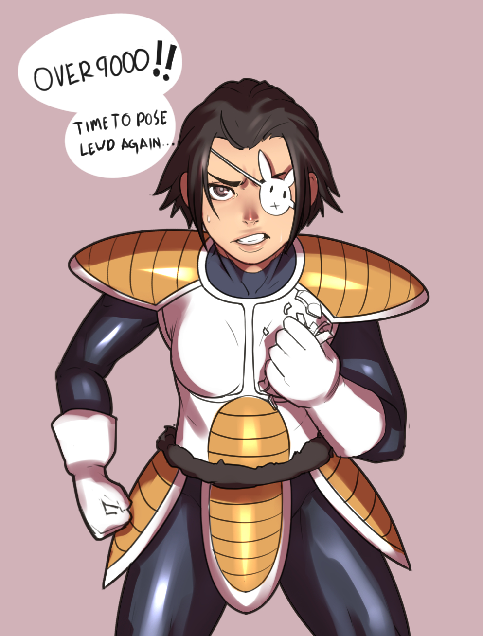 1girl, armor, black_hair, bodysuit, clenched_hands, clenched_teeth, cosplay, cowboy_shot