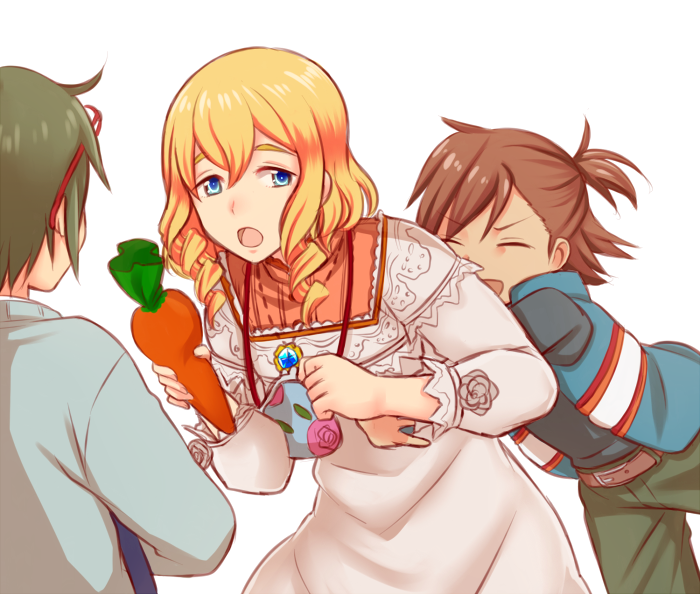 10s, 3boys, andou_mario, androgynous, apron, black_hair, blonde_hair, blue_eyes, brown_hair, carrot, closed_eyes, drill_hair, eyewear_on_head, from_behind, hacchin888, hug, hug_from_behind, idolmaster, idolmaster_side-m, jewelry, kappougi, male_focus, multiple_boys, necklace, ponytail, short_ponytail, smile, tachibana_shiro_(idolmaster), vest, yamamura_ken