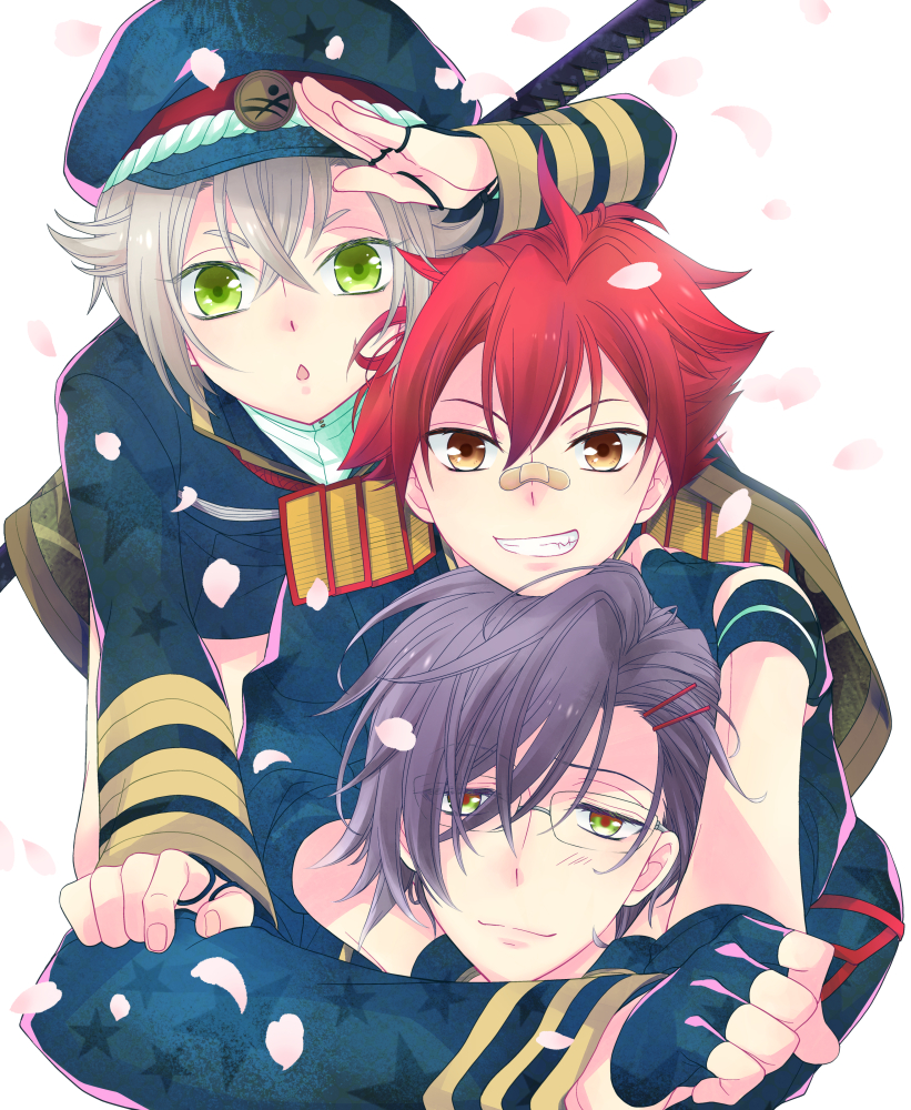 10s, 3boys, aizen_kunitoshi, akashi_kuniyuki, armor, bandaid, bandaid_on_face, bandaid_on_nose