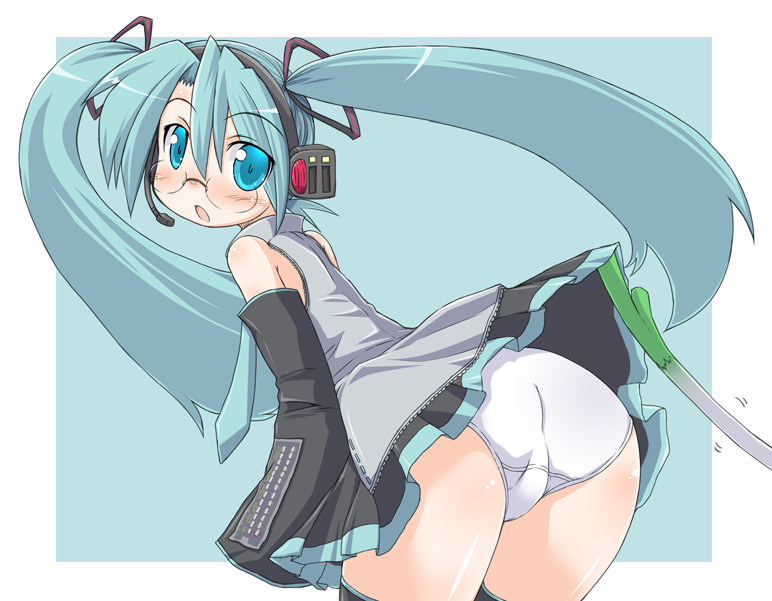 1girl, aqua_necktie, ass, bare_shoulders, bent_over, bespectacled, black_thighhighs, blouse, blue_eyes, blue_hair, blush, clothes_lift, collared_shirt, detached_sleeves, female_focus, glasses, grey_shirt, hair_between_eyes, hair_ribbon, hatsune_miku, headset, long_hair, looking_back, matching_hair/eyes, naitou, naitou_kouse, necktie, open_mouth, outside_border, panties, ribbon, shirt, skirt, skirt_lift, sleeveless, sleeveless_shirt, solo, spring_onion, thighhighs, twintails, underwear, vocaloid, white_panties