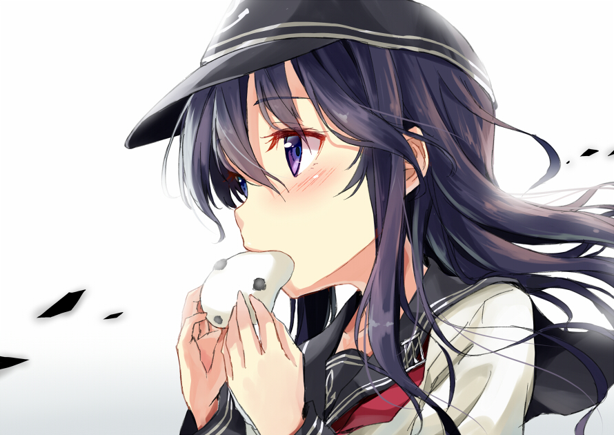 10s, 1girl, akatsuki_(kancolle), beans, black_hair, blush, daifuku, eating, female_focus, flat_cap, food, hat, kakao_rantan, kantai_collection, long_hair, mame_daifuku_(food), mochi, neckerchief, open_mouth, purple_eyes, purple_hair, red_neckerchief, school_uniform, serafuku, solo, wagashi