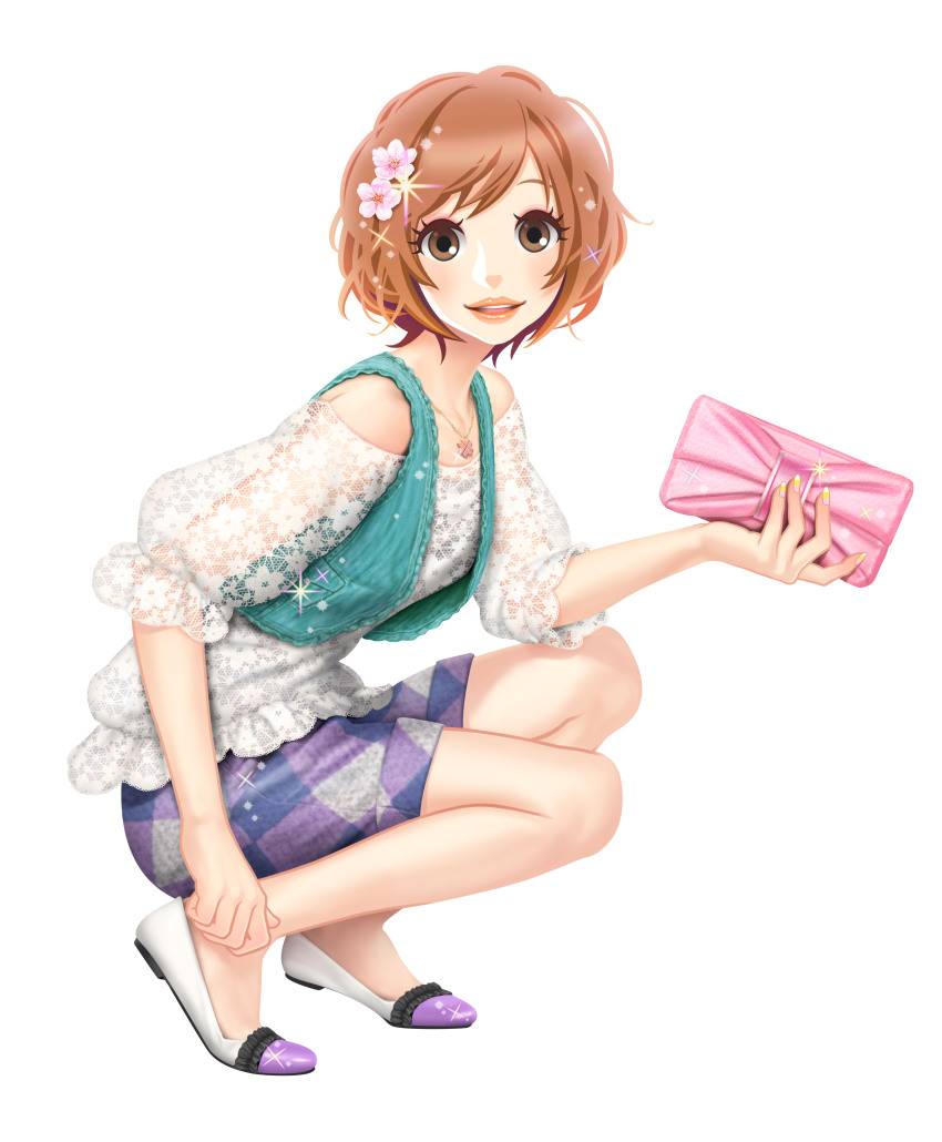 1girl, absurdres, bag, blouse, bob_cut, brown_hair, female_focus, flower