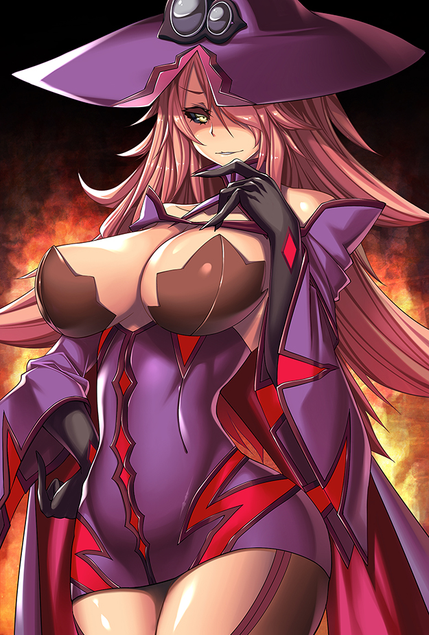 1girl, black_gloves, black_sclera, blazblue, blazblue:_central_fiction, breasts, cape, cleavage