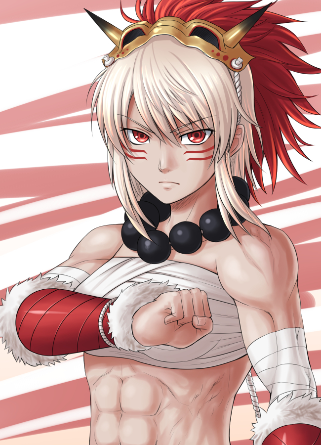 1girl, abs, bandages, beads, biceps, dark-skinned_female, dark_skin, facepaint, facial_mark, female_focus, fire_emblem, fire_emblem_fates, fur_trim, jewelry, kuzumochi_soyo, mask, mask_on_head, muscular, necklace, nintendo, red_eyes, rinkah_(fire_emblem), sarashi, solo, toned, white_hair