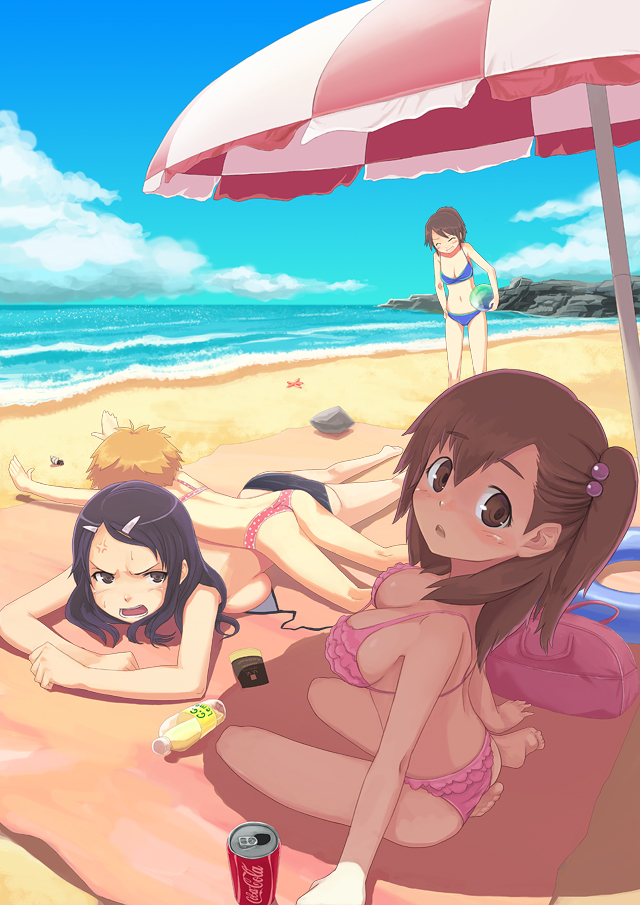29_(artist), 3girls, anger_vein, beach, beach_umbrella, bikini, blue_sky, blush
