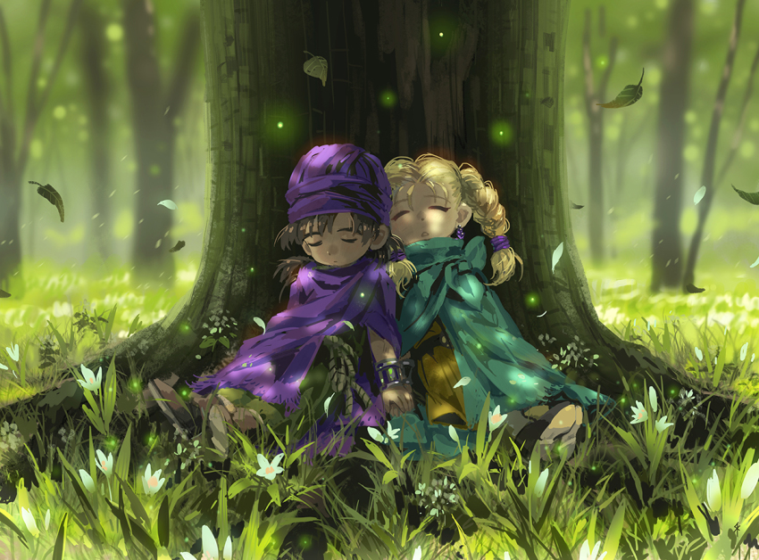 1boy, 1girl, against_tree, aged_down, bianca_(dq5), bianca_(the_legend_of_legacy), blonde_hair, braid, cape, child, closed_eyes, dappled_sunlight, dragon_quest, dragon_quest_v, earrings, flower, forest, grass, hat, hero_(dq5), jewelry, leaf, nature, seeker, sitting, sleeping, sunlight, tree, twin_braids