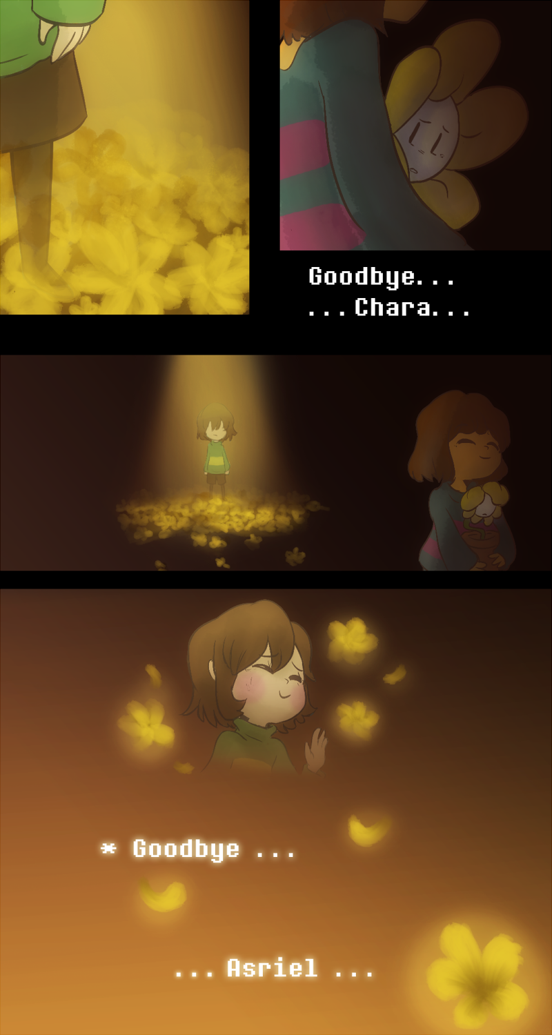 ^_^, ad, androgynous, black_legwear, blush_stickers, brown_hair, carrying, chara_(undertale), closed_eyes, comic, english_text, fading, field, flower, flower_bed, flower_field, flower_pot, flowey_(undertale), frisk_(undertale), gender_request, head_down, highres, long_sleeves, pantyhose, petals, shirt, smieska, smile, spoilers, spotlight, standing, striped_clothes, striped_shirt, undertale, utdr_(toby_fox), waving