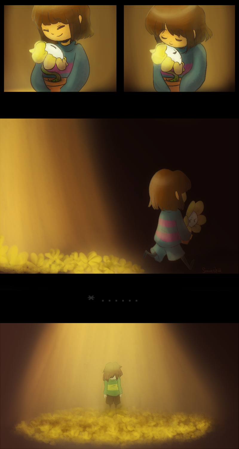 ^_^, androgynous, black_legwear, brown_hair, carrying, chara_(undertale), closed_eyes, comic, flower, flower_bed, flower_pot, flowey_(undertale), frisk_(undertale), gender_request, head_down, highres, kiss, kissing_forehead, pantyhose, pantyhose_under_shorts, petals, sad, shirt, shorts, smieska, smile, spoilers, spotlight, striped_clothes, striped_shirt, undertale, underwear, utdr_(toby_fox), walking_away