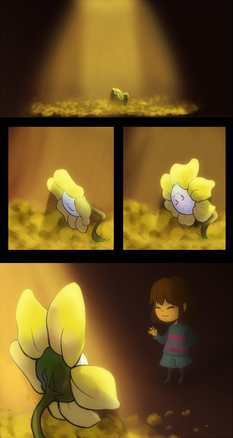 ^_^, androgynous, arm_behind_back, black_legwear, brown_hair, closed_eyes, comic, flower