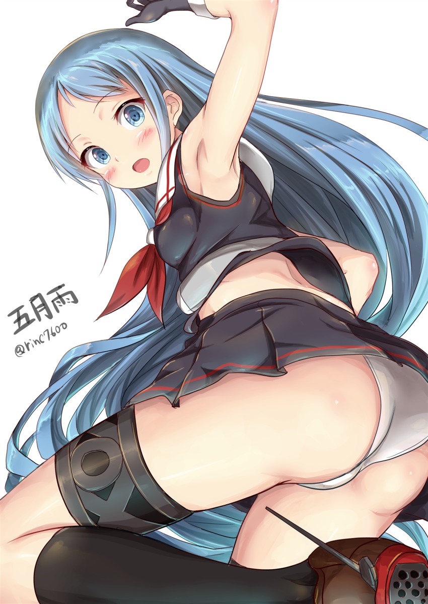 1girl, alternate_costume, arm_up, armpits, ass, bare_shoulders, black_gloves, black_serafuku, blue_eyes, blue_hair, blush, breasts, cameltoe, cosplay, female_focus, from_behind, gloves, highres, ichikawa_feesu, kantai_collection, long_hair, looking_at_viewer, matching_hair/eyes, miniskirt, open_mouth, panties, pantyshot, pleated_skirt, samidare_(kancolle), school_uniform, serafuku, shiratsuyu_(kancolle), shiratsuyu_(kancolle)_(cosplay), shirt, skirt, sleeveless, sleeveless_shirt, small_breasts, solo, thighs, underwear, very_long_hair, white_panties