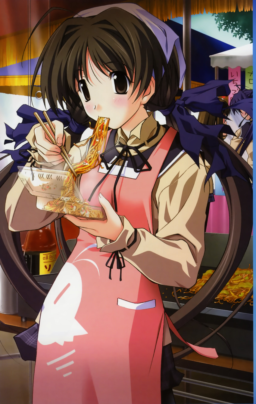1girl, absurdres, ahoge, apron, brown_eyes, brown_hair, chopsticks, eating, female_focus, food, highres, memories_off, memories_off_2nd, mutsumi_sasaki, noodles, sasaki_mutsumi, school_uniform, serafuku, shirakawa_hotaru, solo, twintails, yakisoba