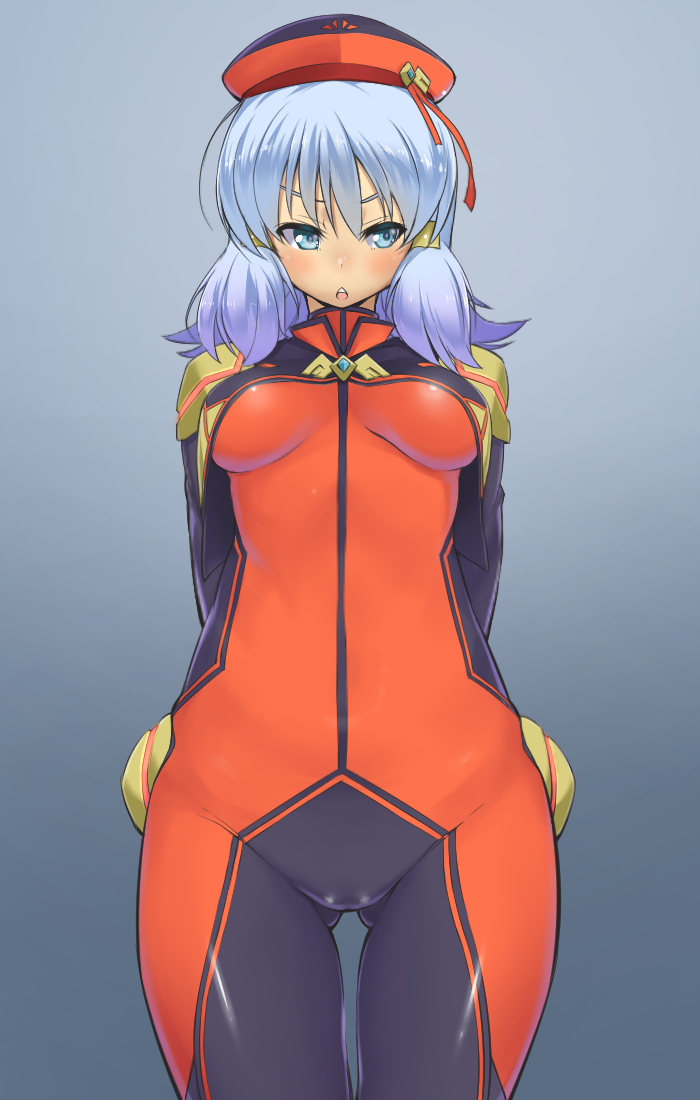 1girl, :o, armor, arms_behind_back, beret, blue_background, blue_eyes, blue_hair, blush, bodysuit, breasts, breasts_apart, chestnut_mouth, collar, cowboy_shot, crop_top, embarrassed, faulds, female_focus, flipped_hair, gluteal_fold, gradient_background, grey_background, groin, gundam, gundam_exa, gundam_extreme_vs._maxi_boost, hair_ornament, hair_tubes, hairclip, hat, hat_ribbon, hobby_(kento), looking_away, looking_to_the_side, matching_hair/eyes, open_mouth, pauldrons, pilot_suit, red_ribbon, ribbon, short_hair, short_twintails, shoulder_armor, shoulder_pads, silver_hair, simple_background, skin_tight, solo, standing, sthesia_awar_acht, thigh_gap, turtleneck, twintails
