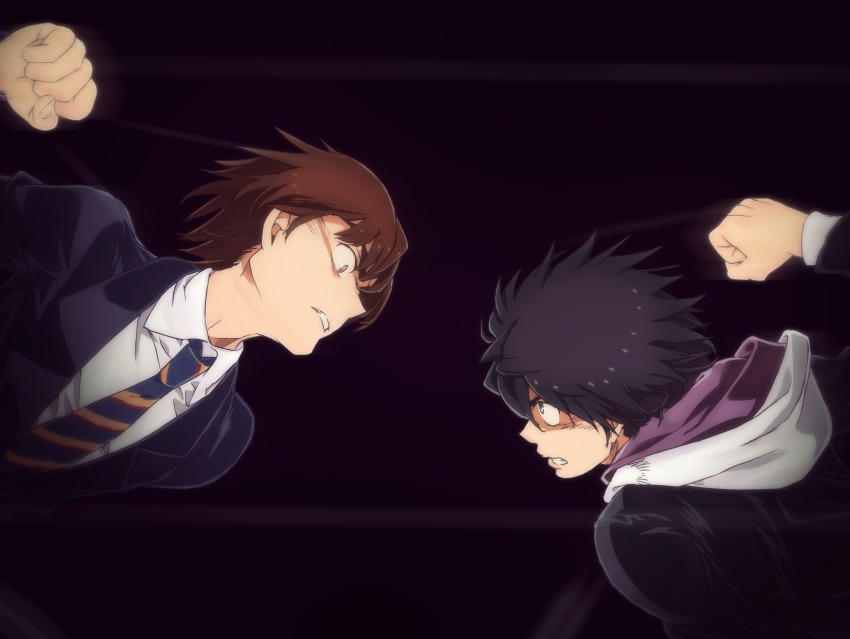 2boys, black_hair, blazer, brown_hair, colorized, dark_background, gazing_eye, haimura_kiyotaka, highres, hood, hooded_jacket, jacket, kamijou_touma, kamisato_kakeru, male_focus, multiple_boys, necktie, school_uniform, simple_background, spiked_hair, toaru_majutsu_no_index, toaru_majutsu_no_index:_new_testament