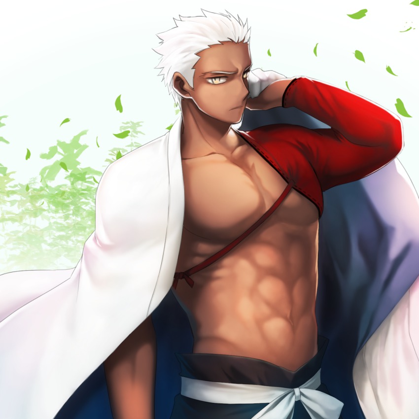 1boy, archer_(fate), bad_id, bad_pixiv_id, cosplay, dark-skinned_male, dark_skin, emiya_shirou