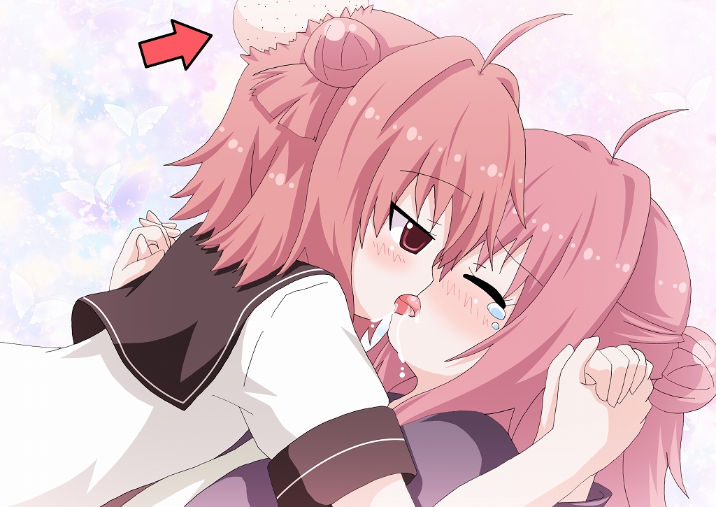 2girls, ahoge, akaza_akane, akaza_akari, arrow_(symbol), blush, double_bun, dress