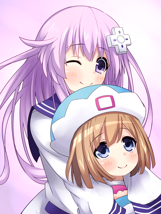 10s, 2girls, blue_eyes, blush, brown_hair, d-pad, hair_ornament, hat