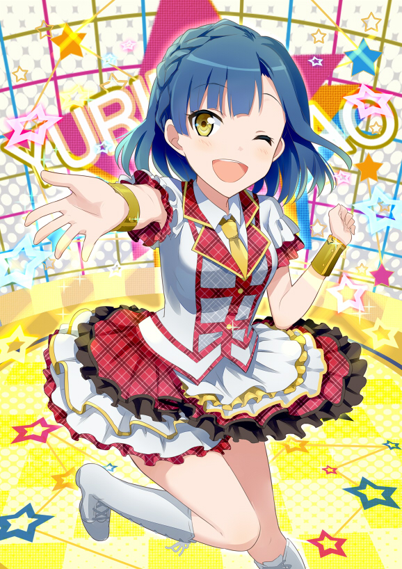 10s, 1girl, :d, bangle, blue_hair, blush, boots, bracelet