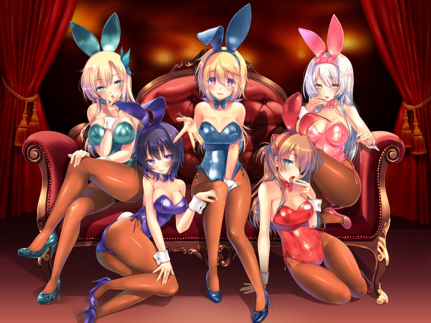 108_gou, 10s, 5girls, :d, :o, alternate_costume, animal_ears, aqua_eyes, arm_support, ass, bare_shoulders, between_breasts, between_legs, black_hair, black_legwear, blonde_hair, blue_eyes, blue_leotard, blush, boku_wa_tomodachi_ga_sukunai, bow, bowtie, breasts, brown_eyes, brown_hair, brown_legwear, butterfly_hair_ornament, charlotte_dunois, cleavage, couch, crossed_legs, crossover, curtains, detached_collar, embarrassed, evangelion:_3.0_you_can_(not)_redo, eyepatch, fake_animal_ears, fake_tail, full_body, hair_between_eyes, hair_ornament, hair_ribbon, hairband, hand_between_legs, hand_on_own_knee, harem, high_heels, highleg, highleg_leotard, highres, indoors, infinite_stratos, kantai_collection, kashiwazaki_sena, kneeling, large_breasts, leaning, leotard, lipstick, long_hair, looking_at_viewer, makeup, mikazuki_yozora, multiple_girls, neon_genesis_evangelion, open_mouth, outstretched_hand, pantyhose, parted_bangs, playboy_bunny, ponytail, purple_eyes, rabbit_ears, rabbit_tail, raised_eyebrows, rebuild_of_evangelion, red_leotard, ribbon, shiny_clothes, shoes, short_hair, shoukaku_(kancolle), sideboob, silver_hair, sitting, smile, souryuu_asuka_langley, strapless, strapless_leotard, tail, tassel, thigh_gap, tongue, tongue_out, twintails, two_side_up, untying, wrist_cuffs