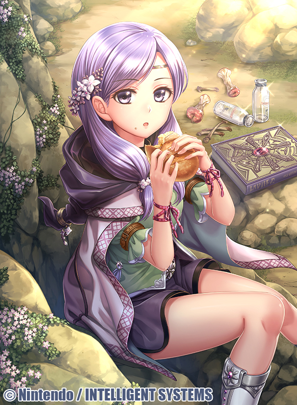 1girl, apple, book, boots, bottle, bread, cape, eating