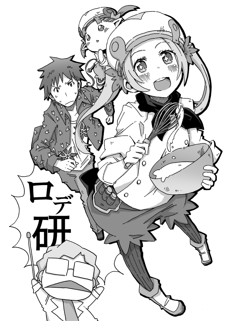 10s, 1boy, 2girls, ally_(log_horizon), blue_forest_(log_horizon), greyscale, hand_puppet, hat, log_horizon, long_hair, mikakage_(log_horizon), monochrome, multiple_girls, pantyhose, puppet, roderick_(log_horizon), sasarai_sawa, short_hair, twintails