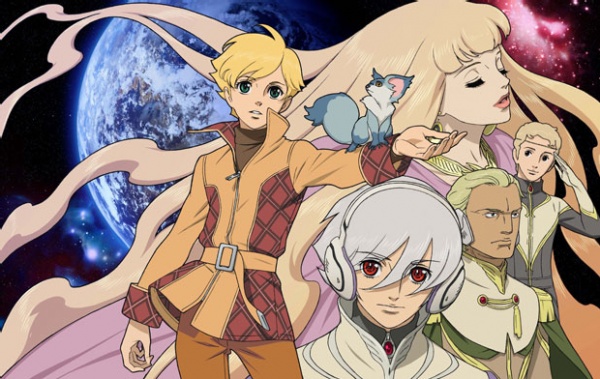 1girl, 4boys, albino, blonde_hair, closed_eyes, earrings, earth_(planet), headband, headphones, jewelry, jomy_marquis_shin, leo_(toward_the_terra), lipstick, long_hair, makeup, multiple_boys, necklace, official_art, physis, planet, rain_(nakinezumi), red_eyes, short_hair, soldier_blue, standing, toward_the_terra, uniform, white_hair, william_harley, yuuki_nobuteru