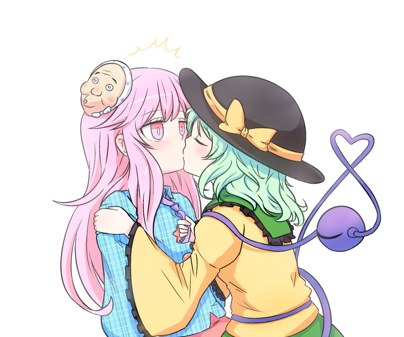 2girls, ajia_(otya3039), blush, closed_eyes, clothes_grab, green_hair, hat, hat_ribbon