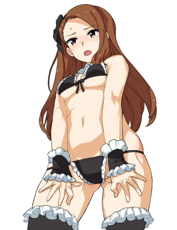 10s, 1girl, alternate_costume, bare_shoulders, bikini, black_bikini, black_thighhighs, breasts, brown_eyes, brown_hair, embarrassed, female_focus, frilled_bikini, frilled_thighhighs, frills, from_below, hisakawa_riho, idolmaster, idolmaster_(classic), idolmaster_2, looking_at_viewer, minase_iori, navel, open_mouth, small_breasts, solo, stomach, swimsuit, thighhighs, wrist_cuffs