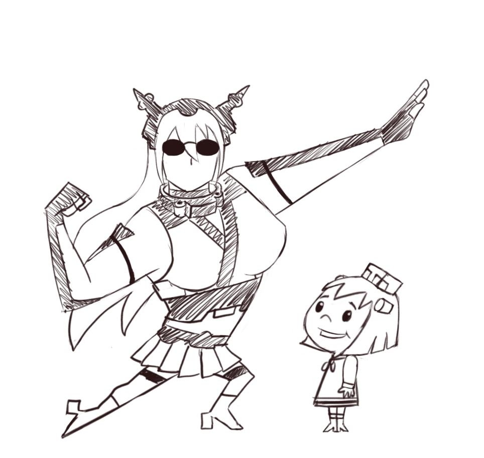 2girls, boots, crossover, greyscale, johnny_bravo, johnny_bravo_(character), kantai_collection, mecha_musume