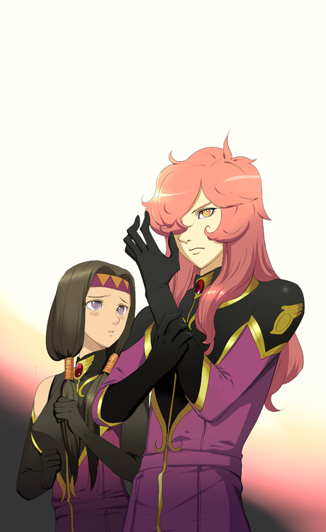 artella, blush, brown_hair, gloves, headband, orange_eyes, pink_hair, purple_eyes