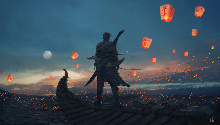 1boy, chinese_lantern, chinese_text, city, cityscape, cloud, ghostblade, highres