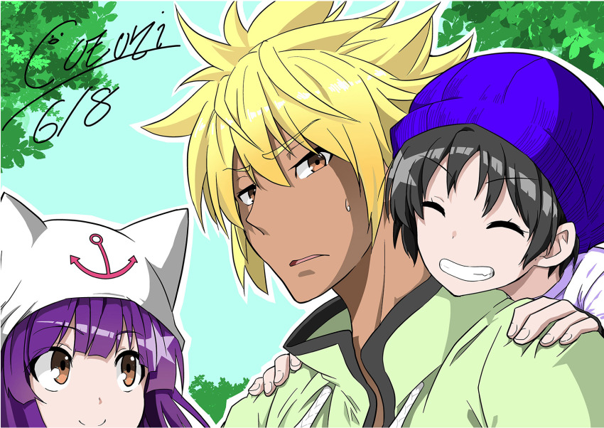 1boy, 2girls, ^_^, anchor_symbol, bad_id, bad_pixiv_id, black_hair, blonde_hair