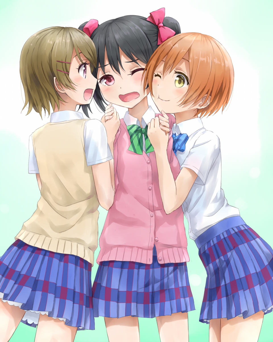 10s, 3girls, :d, bad_id, bad_pixiv_id, black_hair, blush, bow