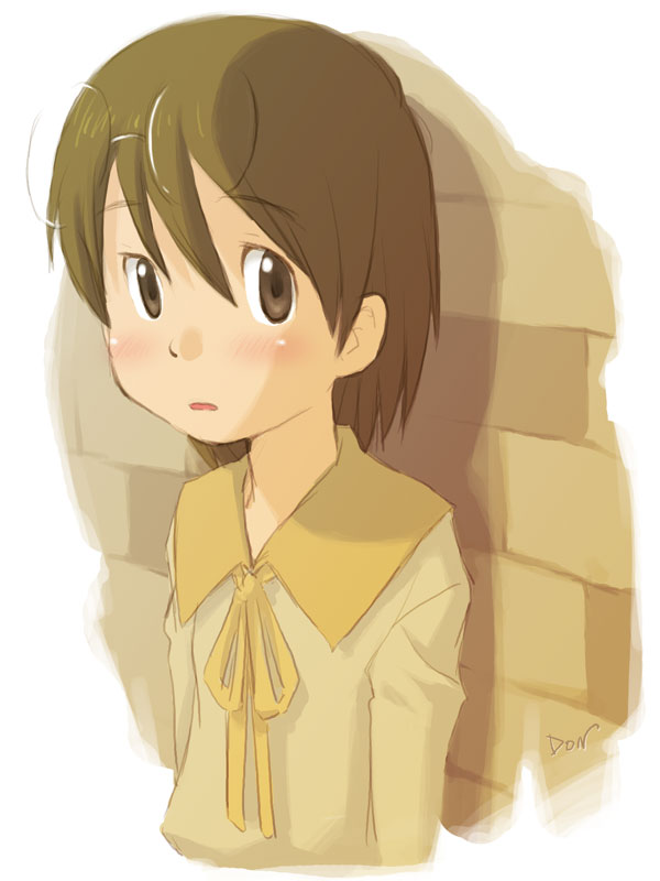 00s, 1girl, brick_wall, brown_eyes, brown_hair, dennou_coil, eyewear_on_head, female_focus