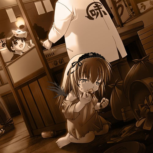 1girl, 2boys, aquas, chibi, eating, fox_mask, full_body, indoors