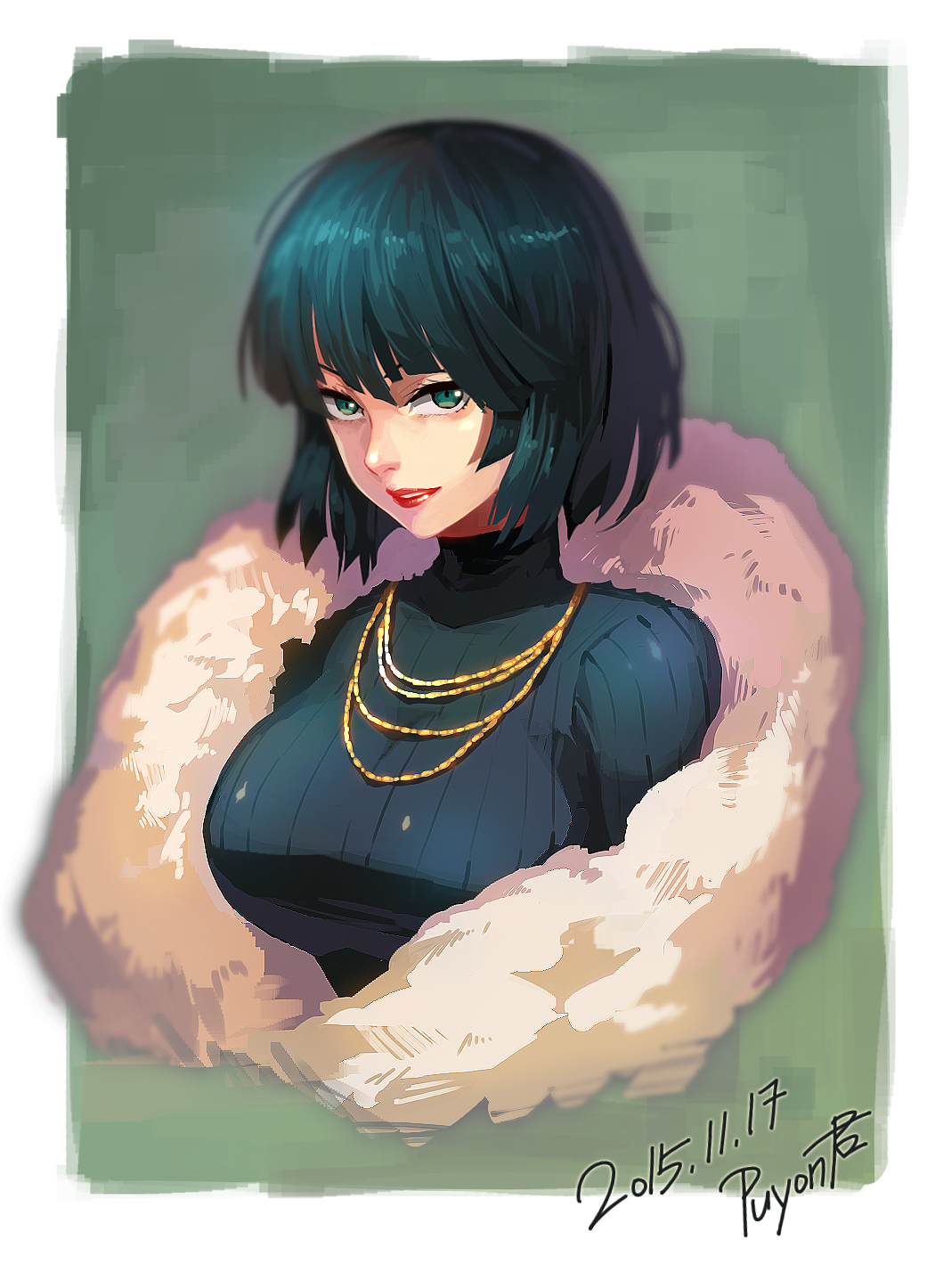 1girl, 2015, breasts, coat, dated, female_focus, fubuki_(one-punch_man), fur_coat