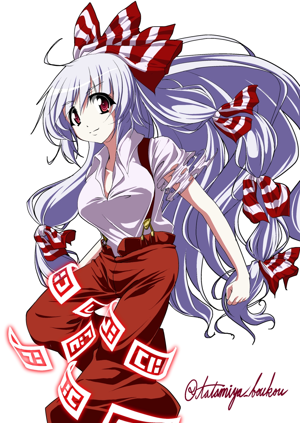 1girl, ahoge, artist_name, female_focus, fujiwara_no_mokou, hair_ribbon, highres, light_purple_hair